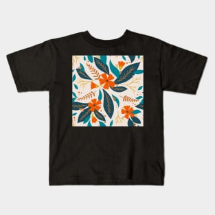 Red Flower Teal Leaf Pattern Kids T-Shirt